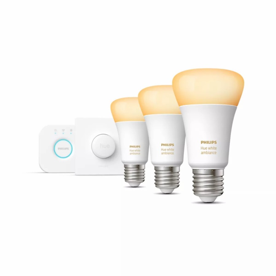 Smartes Licht Philips Hue | Starter-Set: E27 Lampe A60 Dreierpack + Smart Button