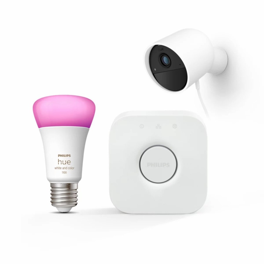 Smartes Licht Philips Hue | Secure Kamera Starter-Set Mit Kabelgebundener Kamera, White & Color Ambiance E27 Lampe Und Hue Bridge