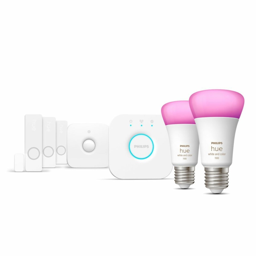 Security Philips Hue | Secure Starter-Set: E27 Lampe A60 2Er-Pack 1100 + Kontaktsensoren 3Er-Pack Weis + Bewegungsmelder