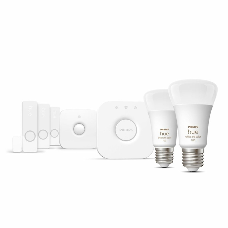 Security Philips Hue | Secure Starter-Set: E27 Lampe A60 2Er-Pack 1100 + Kontaktsensoren 3Er-Pack Weis + Bewegungsmelder