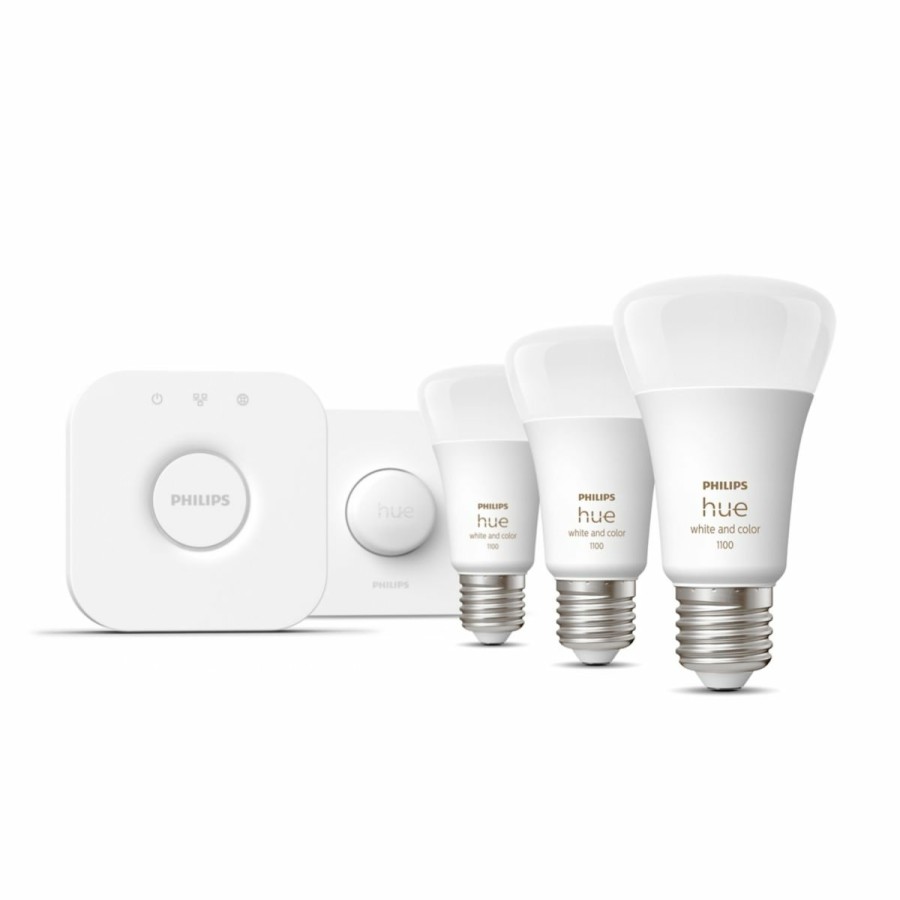 Smartes Licht Philips Hue | Starter-Set: E27 - Lampe A60 Dreierpack + Smart Button