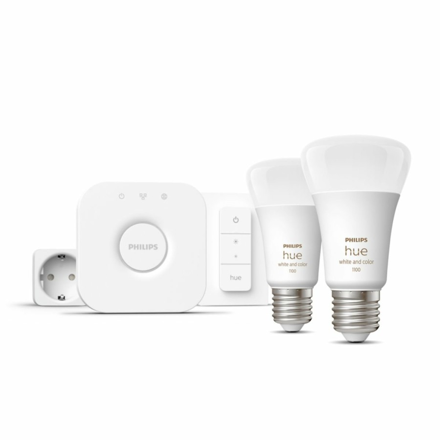 Smartes Licht Philips Hue | Starter-Set: E27 - Lampe A60 Doppelpack + Dimmschalter + Smart Plug