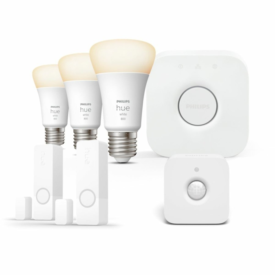 Smartes Licht Philips Hue | Hue Smart Security Starter-Set Mit 2 Kontaktsensoren, Bewegungsmelder, 3 White E27 Lampen & Hue Bridge